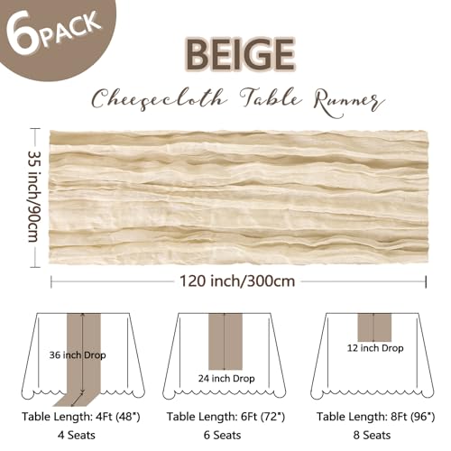 6 Pack Beige Cheesecloth Table Runner 10Ft Gauze Cheese Cloth Table Runner 35x120 Inch Boho Sheer Rustic Fabric for Party Decor Baby Shower Wedding Holiday Decorations by Heneger - Used condition - Image 2