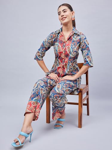 Image of WineRed Women Green Paisley Print Hi-Low Co-ord Set