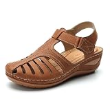 FGRID Orthopedische sandalen voor dames, modieuze faux PU-sleehak sandalen met sleehak, zomerse elegante wandelsandalen met klittenband en enkelband,Bruin,38
