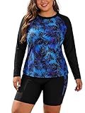 SHEKINI Damen Plus Größe Zwei Stück Rash Guard Langärmeliges Badeanzug Hemd mit Build in BH & Boyshort (Schwarz+Palm, XXL)