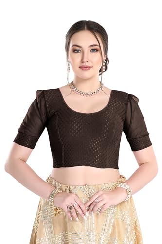 Image of FINESTFIT Stay On Trend Fashion 100% Cotton Readymade Blouses for Women,Round Neckline with Organza Balloon Sleeves.