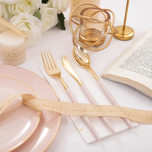 I00000 300 Pack Gold Silverware with Pink Handle, Pink Plastic Utensils Set, Disposable Cutlery include100 Forks, 100 Knives, 100 Spoons,Plastic Cutlery Set for Wedding & Party by I00000 - Image 5