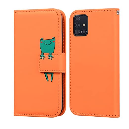 LUKASI för Samsung Galaxy telefon A51 fodral, tecknat mönster vikbart stativ PU-läder plånbok flip fodral med TPU inre skal, kortplatser, magnetisk stängning (Samsung Galaxy A51-orange)