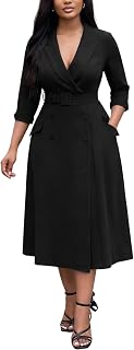 Elainone 3/4 Sleeve Work Dress for Women Business A-Line Dress | Professional Office Dresses with Pockets Button Fly Casual Elegant Attire for Church