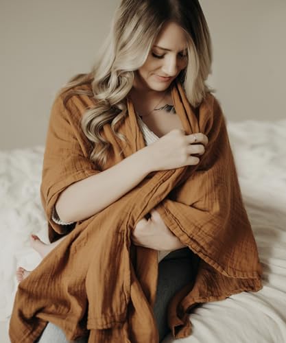 Image of Indi by Kishu Baby GOTS Organic Muslin Nursing Cover Up for Breastfeeding, Breathable Nursing Shawl, Scarf, Privacy Nursing Cover for Breastfeeding Moms (Caramel)