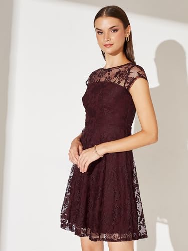 Image of Miss Chase Women's Round Neck Cap Sleeves Lace Knee -Long Skater Dress