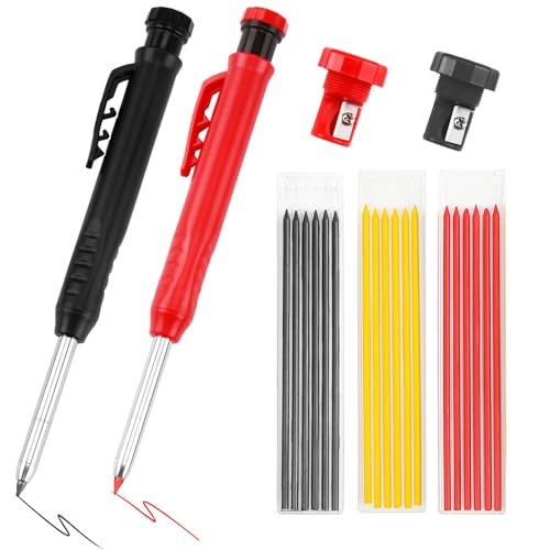 2 Pack Carpenter Pencils with 20 Refills, Mechanical Carpenters Pencil Set with Built-in Sharpener Long Head Deep Hole Marker Construction Pencils for Concrete Metal Builders Woodworking Architect
