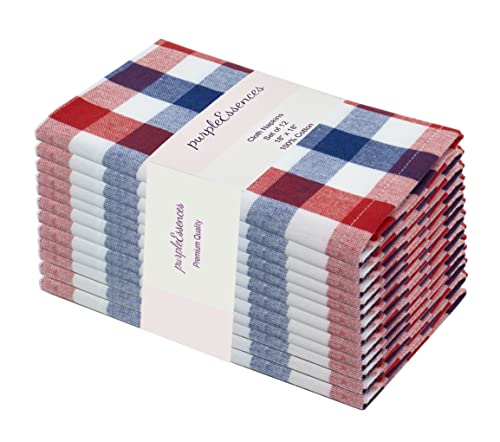 Purpleessences Set Of 12 Buffalo Plaid Gingham Check Cloth Dinner Napkins 100% Cotton 18X18-4Th Of July Napkins - Durable Washable - Table Linen Cloth Napkins - Red White And Blue #TOP9
