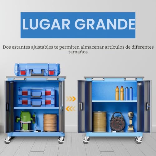 Miniatura 5 de Larbanke Armario De Herramientas Con Ruedas Y 4 Patas Acolchadas, Armario De Herramientas Con 2 Puertas Y Estantes Ajustables, Armario De Acero Con Cerradura Para Garaje, Hogar Y Oficina