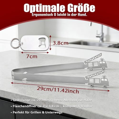 GROVBLE Grillzange Feuerwehr Design aus Edelstahl – Kreatives Feuerwehr Geschenke Set mit Flaschenöffner & Schlüsselring, Originelles Grill Geschenk für Männer