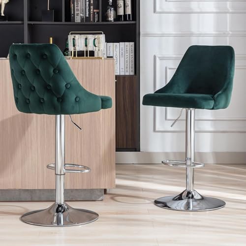 chairus Juego de 2 Taburetes Altos de Cocina Taburetes de Bar de Terciopelo Giratorios de Sillas Comedor con Altura Ajustable (Verde)