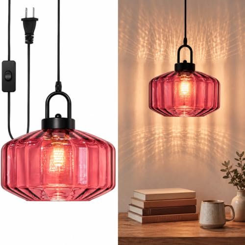 DoungRos Plug in Pendant Light Fixture, Purple Glass Hanging Light with Switch Vintage Swag Lamp Ribbed Glass Pendant Lamp for Bedroom Bedside Living Room Apartment Reading Nook