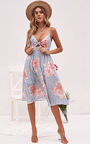 Image of ECOWISH Women 2026 Summer Dresses Tie Front V-Neck Spaghetti Strap Button Down A-Line Backless Swing Midi Dress