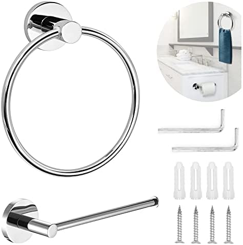 Toilet Paper Holder and Towel Ring Set, Toilet Towel Holder Stainless Steel Toilet Roll Holder Towel Ring Hanging Round Hanger Polished Chrome Contemporary Bathroom Accessory Set for Bathroom,Hotel