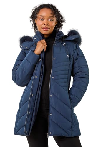 Image of Roman Quilted Padded Coat for Women UK - Ladies Parka Winter Jacket Faux Fur Trim Hooded Short Autumn Waterproof Water Resistant Everyday Holiday Comfy Work - Petite Navy - Size 12