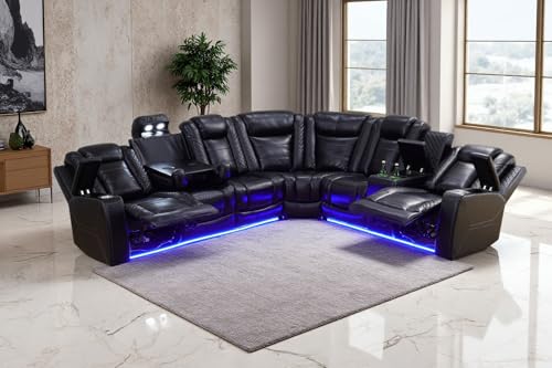 Image of Power Recliner Sectional Sofa with LED Light for Living Room, Black Leather Reclining Sofa Corner Sectional Couches Set, Cup Holder, Storage Console for Home Theater Seating