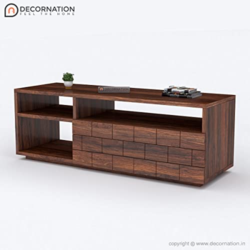 Image of DecorNation Illias Solid Wood TV Unit Table with Storage - 3 Open Shelves for Living Room, Bedroom, Office Furniture Stand (58 inch x 18 inch x 20 inch, Brown)