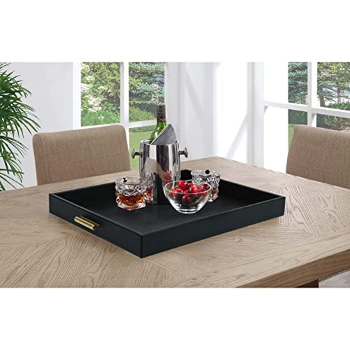 Hofferruffer Extra Large Serving Tray With Handles, Elegant Faux Leather Storage Decorative Tray For Coffee Table, Ottoman, Console Table, 20 X 16 X 2.2 Inches (Black Tray+Golden Handle) #TOP1