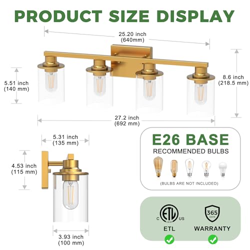 Image of DORESshop 4-Light Vanity Light Fixtures, Gold Bathroom Light Fixtures Over Mirror with Clear Glass Shade, Modern Vanity Lights for Living Room Bedroom