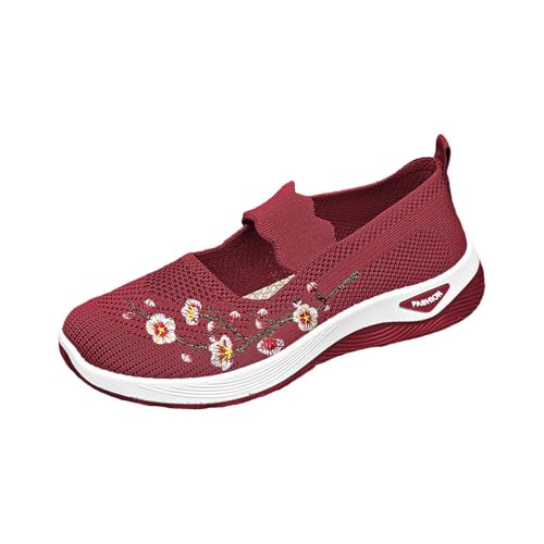 Zapatos Mary Jane para mujer, mocasines tejidos con bordado de flores, de malla, transpirables, suaves, antideslizantes, ortopédicos, para caminar, con soporte de arco, Red, 40 EU