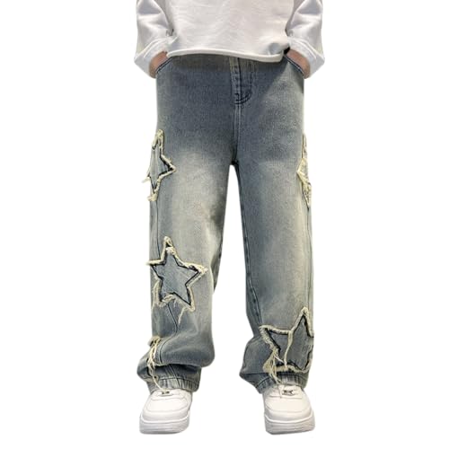 Boy's Cute Star Baggy Denim Pants Elastic Waist Pull On Jeans Straight Wide Leg Jean Pants with Pockets for Teen
