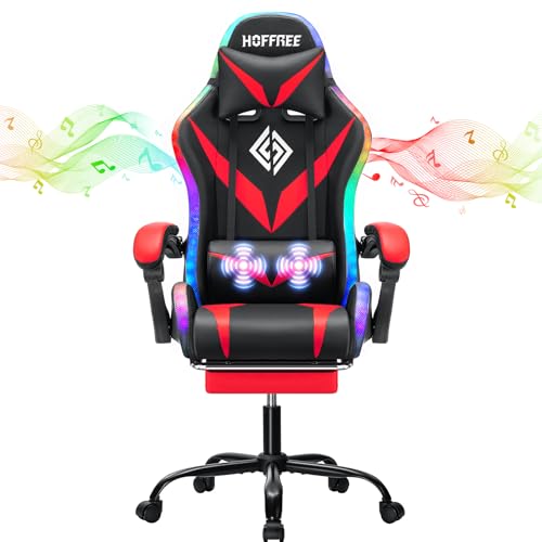 HOFFREE RGB Gaming Chair with Speakers and Massage Ergonomic Computer Chair with Lights and Footrest Reclining Video Game Chairs for Adults Red and Black