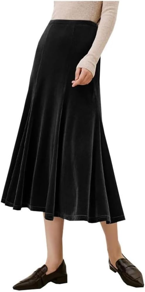 Women's Silk Velour Midi Skirt High Waist A-Line Long Casual Office Skirt for Daily Wear