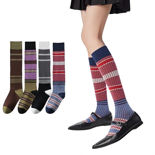 4/8 Pairs Retro Style Striped Knee High Socks for Women Academic Combed Cotton Stockings for Daily Wear and Sports