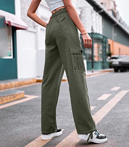 Dordanity Y2K Cargohose für Damen Baggy Hosen High Waist Wanderhose Baumwolle Arbeitshose mit Multi Taschen(Olivgrün,XS)