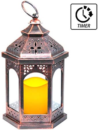 WRalwaysLX Decorative Lanterns with Flameless Candles and Timer Indoor/Outdoor Lantern with Hanging use 3AAA Battery, Plastic with Bronze Undertones (Hexagon)