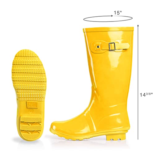 Norty Women's Hurricane Wellie Rain Boots - High-Calf Length - Glossy Matte Waterproof Rubber Shoes - Yellow Size 9 #TOP1
