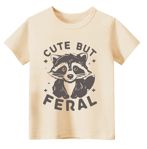 Sineeko Cute But Feral Toddler Shirt Boys Girls Funny Raccoon Tees Tops Cute Animal Summer Short Sleeve Clothes Beige 2T