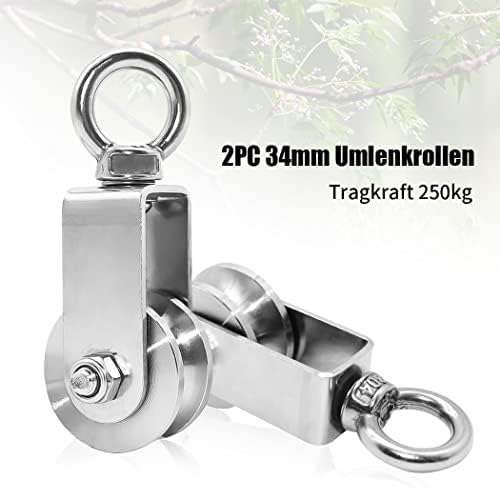 2 Pack 34 mm Pulley with Ball Bearing, 250 kg Support Pulley Steel Rope, Stainless Steel Pulley for Ropes Rope Frame Fitness (2 Pieces - 34 mm)