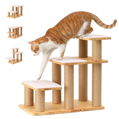 FUKUMARU Hundetreppe, 3 Stufen Haustiertreppe, Katzentreppe aus Kiefernholz und Jute,18-51cm einstellbare Höhe, Hält bis zu 90 kg, 6 Kombinationsmöglichkeiten zum Aufsteigen auf Betten & Sofas, Weiß FUKUMARU Hundetreppe, 3 Stufen Haustiertreppe, Katzentreppe aus Kiefernholz und Jute,18-51cm einstellbare Höhe, Hält bis zu 90 kg, 6 Kombinationsmöglichkeiten zum Aufsteigen auf Betten & Sofas, Weiß