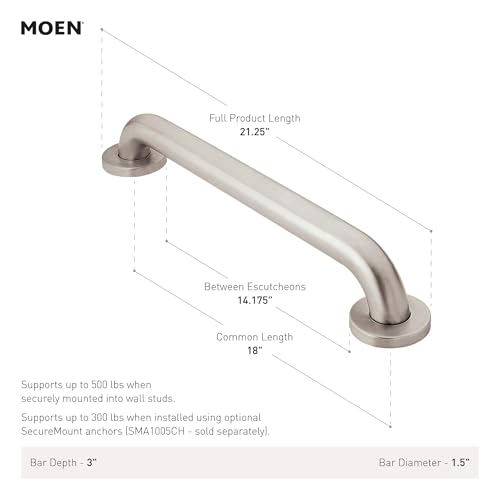 Moen R8918W Bathroom Safety 18-Inch Grab Bar with Concealed Screws, Glacier White