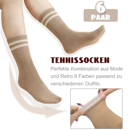 Utensilsto 6 Paar Socken Damen 39-42 Tennissocken Baumwollsocken Sportsocken Damen Socken mit Streifen Motiv Strümpfe Crew Socks für Tennis Lauf Sport Alltag Freizeit weiß,schwarz, braun, grau, beige