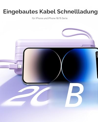 VRURC Powerbank 22.5W Schnelles Aufladen, 20000mAh Power Bank mit Kabel Tragbares Ladegerät USB C LED Display Externer Handyakkus Smartphone Kompatibel mit iPhone, Huawei, Samsung usw - Lila 5
