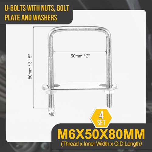 Image of DTGN M6x50x80mm U Bolts Square Kit - 4Set - 304 Stainless Steel U-Bolt Kit with Nuts, Washers, Frame Plate - Good for Pipe, Trailer, Automotive, Leaf Spring Fastener