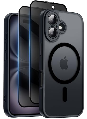 Qasyfanc for iPhone 16 Plus Case with MagSafe Privacy Screen Protectors X2 [Camera Protection] [15FT Military Drop Protection] Magnetic Translucent Matte Back Shockproof Phone Cover 6.7 Black
