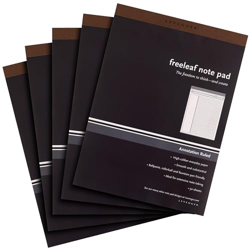Levenger Freeleaf Annotation Ruled Writing Pads Lined Notepad, Compatible with Cornell Note-Taking System, Pack of 5, White, Letter