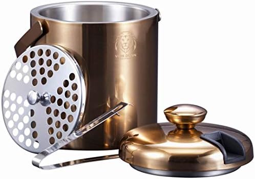 VINN DUNN Ice Bucket with Lid 1.2 Litre Stainless Steel Double Walled Ice Bucket Insulated with Concealed Tong&Carry Handle(Warm Sunset Gold)