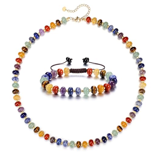 Jovivi Ensemble Bracelet et Collier pour Femme - Fait à la main- Chakra Pierre Naturelle Précieuses- Bijoux Porte Bonheur Protection Bijoux Bracelet Collier Reiki Yoga Equilibre Cadeau Femme Homme