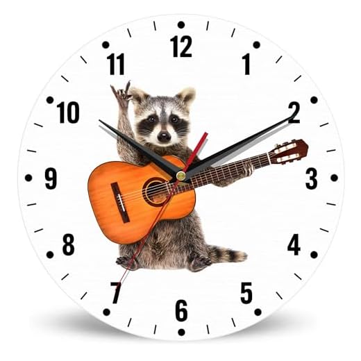 SPUNKER Clock for Bedroom,Funny Raccoon Kitchen Wall Clock,Acoustic Guitar Rock Clocks 10 Inch Silent Non-Ticking Wall Battery Operated for Living Room Bedroom Bathroom Laundry Room Decor