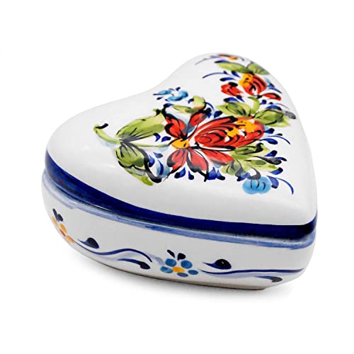 Faireal Hand Painted Portuguese Pottery Alcobaça Ceramic Large Heart Jewelry Box Made in Portugal