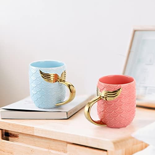 YOUEON 2 Pack Mermaid Coffee Mug with Gold Tail Handle 400ml Ceramic Coffee Mugs Set for Couple Porcelain Mug with Handle for Coffee Milk Cereal Novelty Mug as Christmas Birthday Gift Pink and Blue