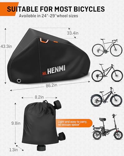 HENMI Bike Cover for 1or2 Bikes Waterproof Bicycle Cover Outdoor Bike Storage Covers XL 420D Heavy Duty Proof Cover for Bike,eBike, Mountain Bike, Road Bike, Hybrid Bike and More