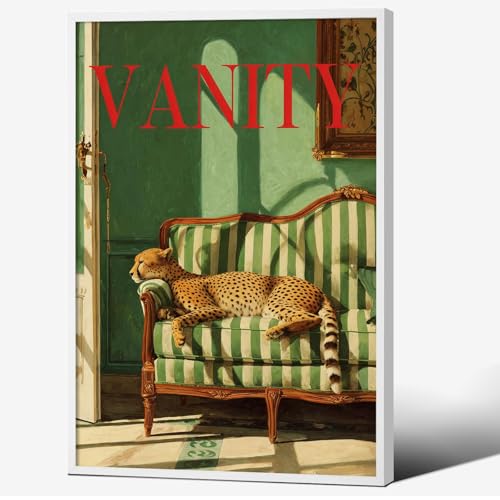 Green Trendy Magazine Canvas Wall Art Funny Cheetah On Green Sofa Posters Minimalist Stripe Animal Print Modern Leopard Room Aesthetic For Bedroom Living Room Bathroom Decor 12x18in White Framed