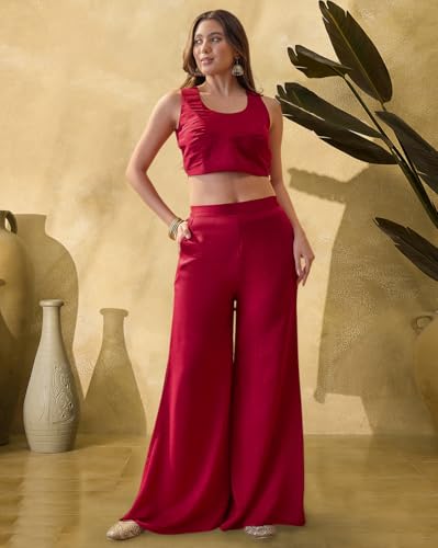 Image of SheWill Vichitra Zari Sequence Thread Cording Embroidered Shrug With Top and Palazzo Fusion Set|Ethnic Wear