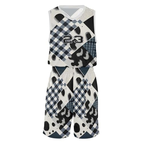 FLildon Cow Print Gingham Boys Basketball Jersey Set Tank Top Shorts Tracksuit Sport Training Suit for Kids