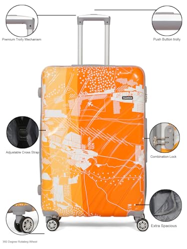 Image of Teakwood World Small 75 cm Check in Size Trolley Bag Polycarbonate 360 Degree 8 Wheels Luggage Bag with TSA Lock, Adjustable Handle Trolley Bags for Travel, Suitcase for Travel | Orange